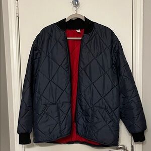 Quilted Navy Bomber Jacket with Red Lining